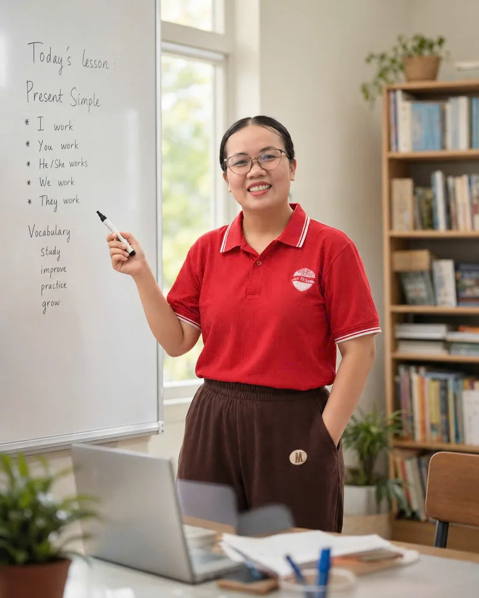 Cô Thanh giảng bài Present Simple trên bảng