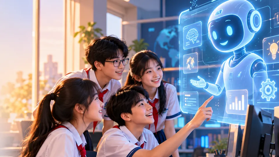 Bốn học sinh cùng xem một trợ lí AI hiện trên màn hình máy tính