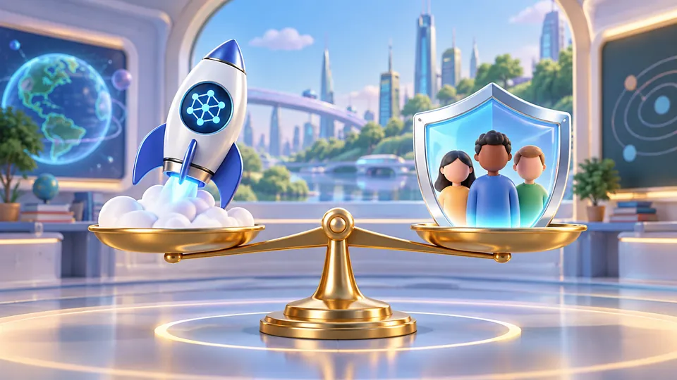 Chiếc cân hai đĩa: một bên là tên lửa tượng trưng cho đổi mới, một bên là tấm khiên che ba người tượng trưng cho an toàn